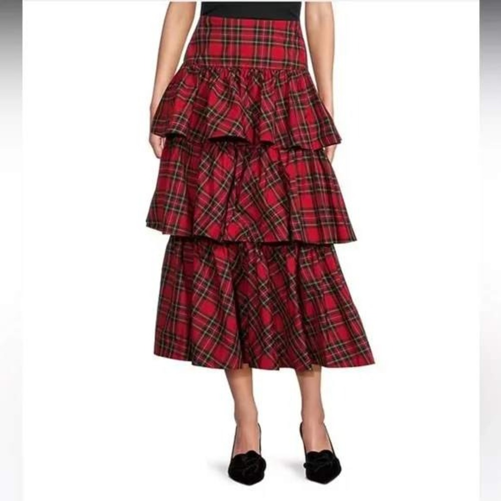 Antonio Melani Maia Tartan Plaid High Rise Tiered Ruffle A-Line Midi Skirt NWT